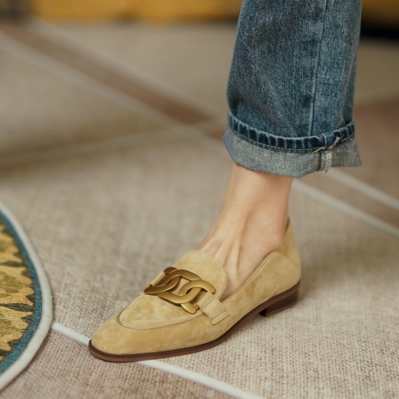 Womens Heels - Mocassins de couro camurça para mulheres,