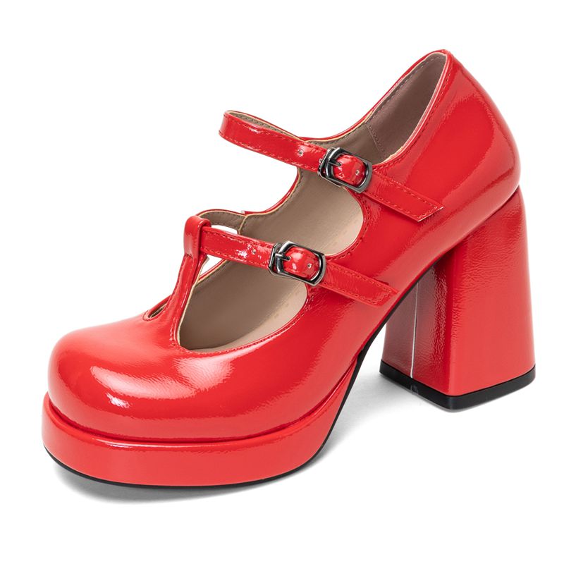 Pump Heel Block - Sapatos Femininos Retro Brilhantes com Bico